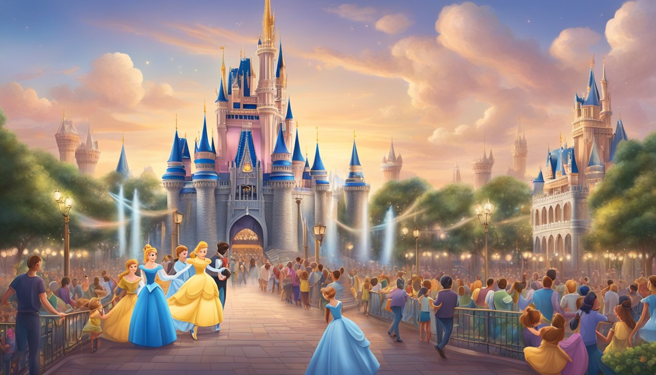 The iconic Cinderella Castle stands tall in the center of Magic Kingdom Park, surrounded by colorful attractions and bustling crowds in Florida