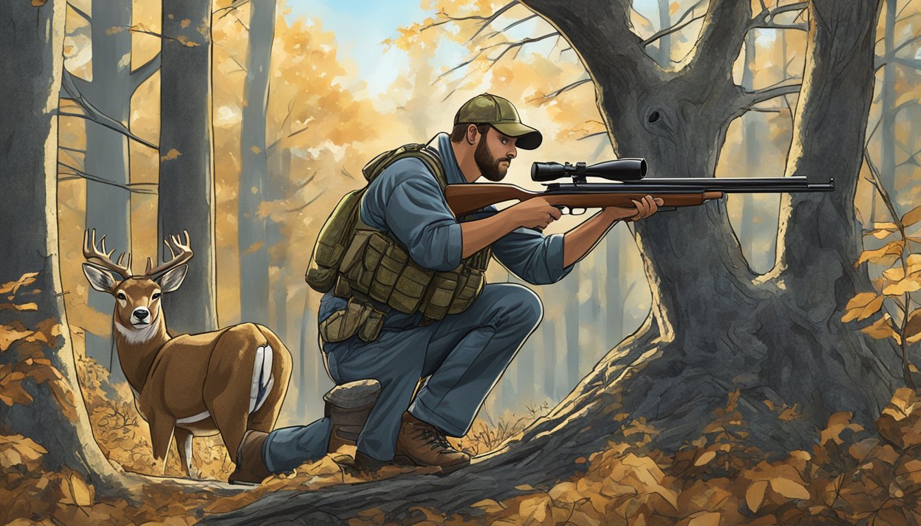 A hunter kneeling in the Tennessee woods, aiming a rifle at a deer. Surrounding trees and a clear blue sky above