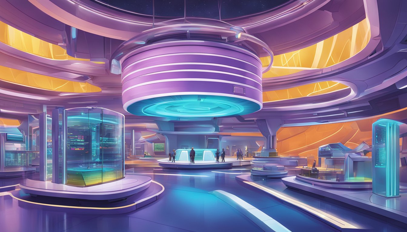 A futuristic game processing facility in Epcot, Florida, with advanced technology and vibrant colors