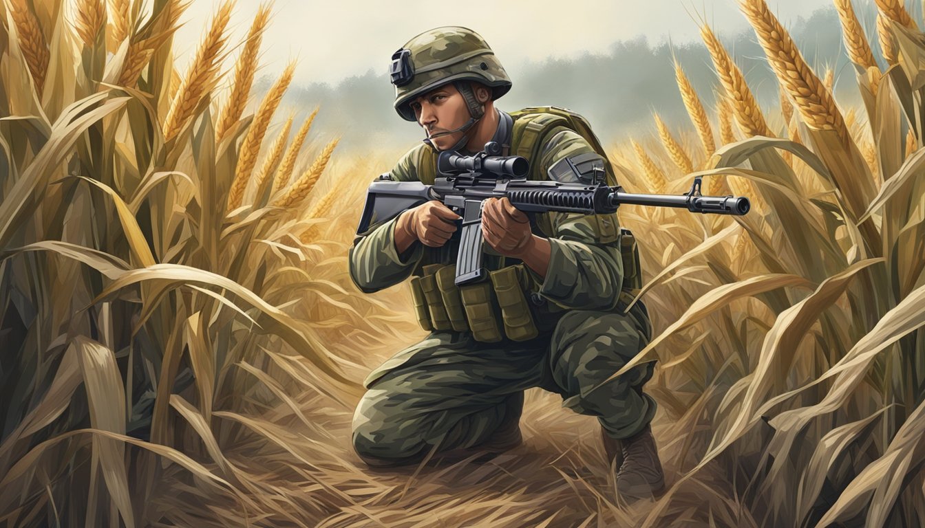 A soldier in camouflage crouches behind a cornfield, aiming a rifle at an enemy target in the distance