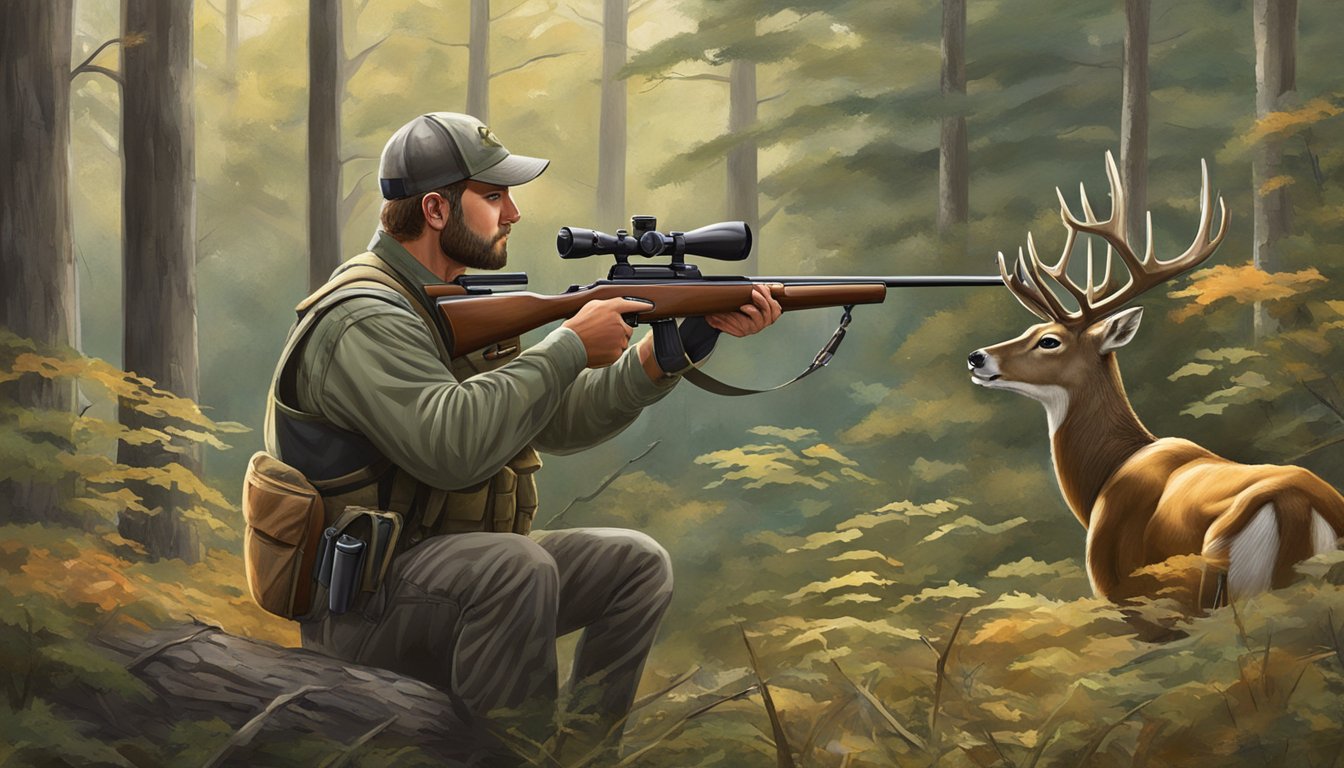 A hunter aiming a rifle at a deer in the Tennessee woods