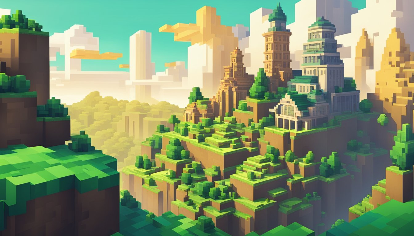 A lush Iowa landscape with pixelated buildings and characters, representing the best game Minecraft