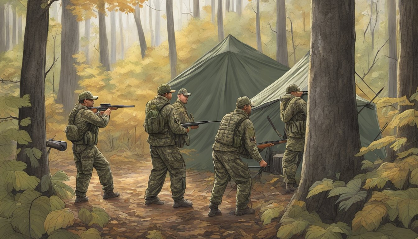 A group of hunters in camouflage gear setting up blinds in a dense Tennessee forest, while a guide points out the best spots