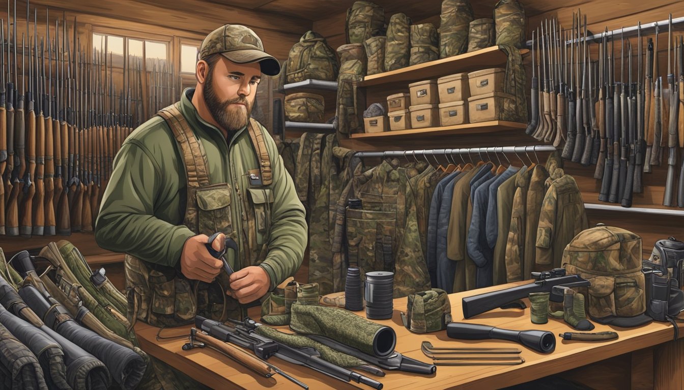 A hunter in Tennessee carefully selects gear from a well-stocked outfitter shop, surrounded by racks of camouflage clothing and hunting equipment