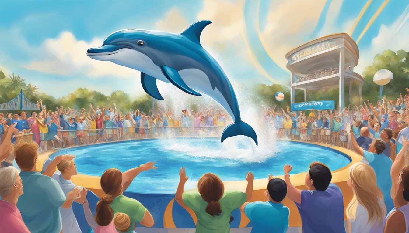 A dolphin leaps through a hoop at SeaWorld Orlando, surrounded by cheering spectators