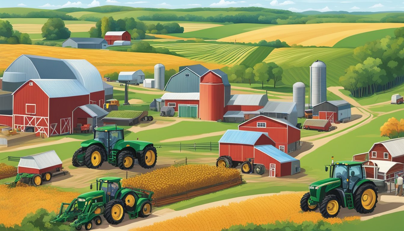 A vibrant Iowa farm with rolling fields, modern machinery, and bustling activity