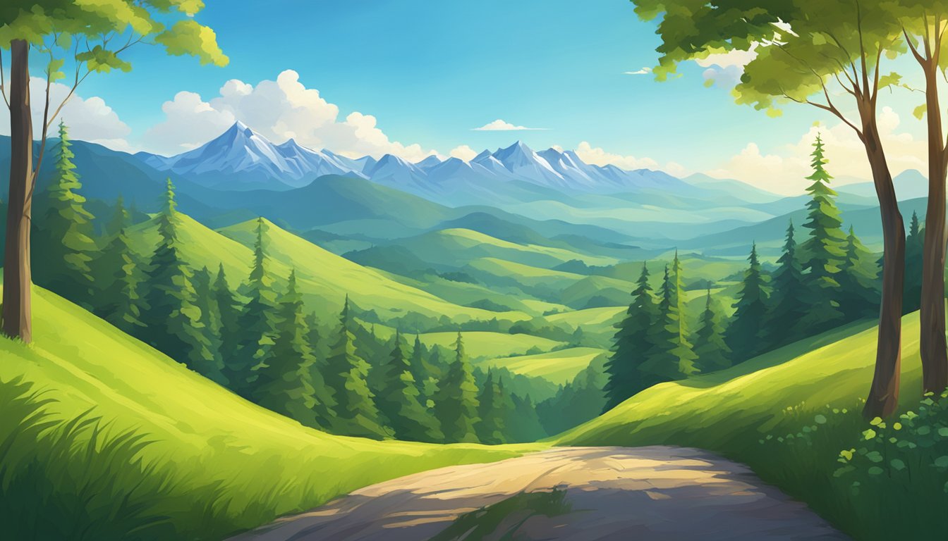 A vibrant landscape of rolling hills, lush forests, and towering mountains under a clear blue sky