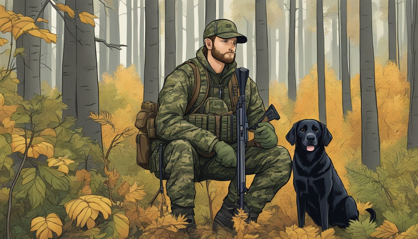 A hunter in camouflage gear stands with a rifle in hand, surrounded by lush Vermont forest. A loyal black dog sits at his side, ready for the hunt