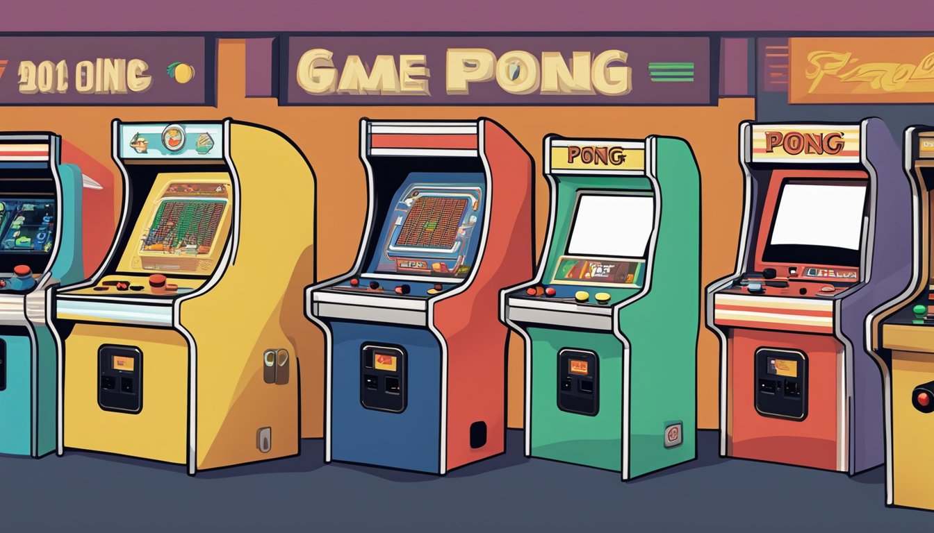 A lively game of Pong being played on a vintage arcade machine in a bustling Iowa arcade