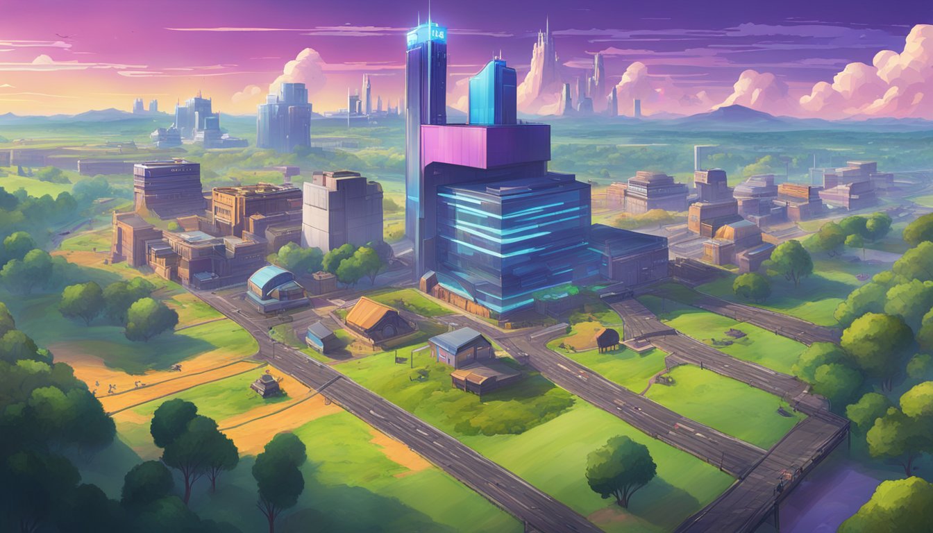 A vibrant Iowa landscape with a giant Fortnite game processing center dominating the skyline