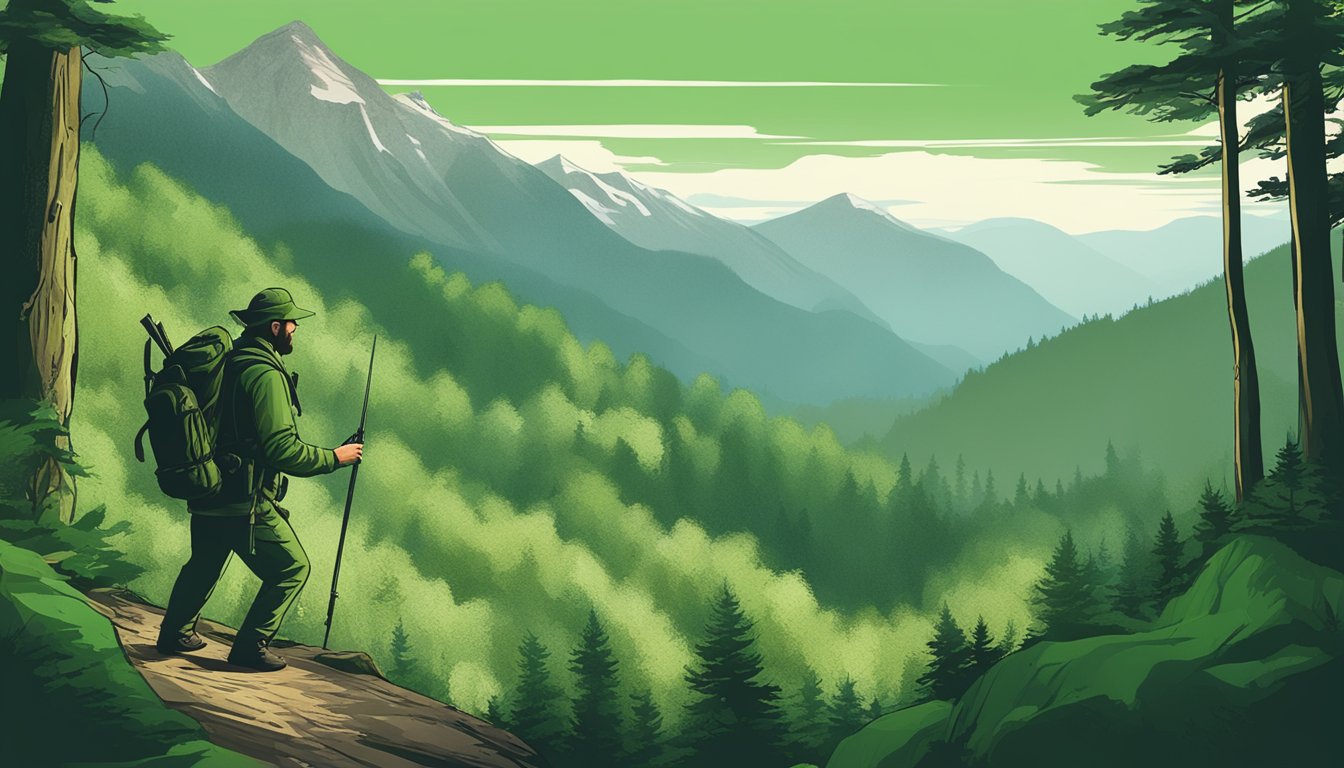 A hunter stalking through a dense forest, with a majestic green mountain in the background, guided by the Green Mountain Guide Service