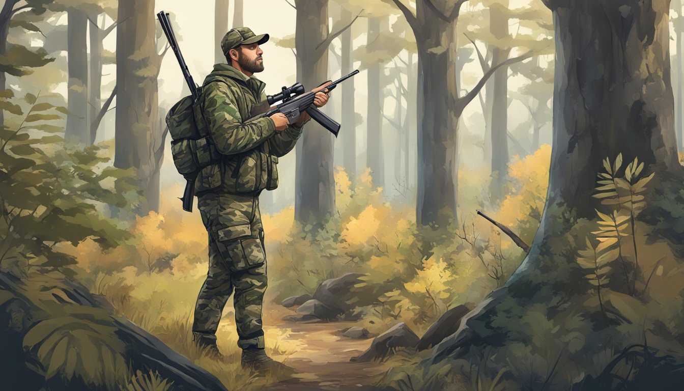 A hunter in camouflage gear standing in a wooded area with a rifle, surrounded by trees and wildlife