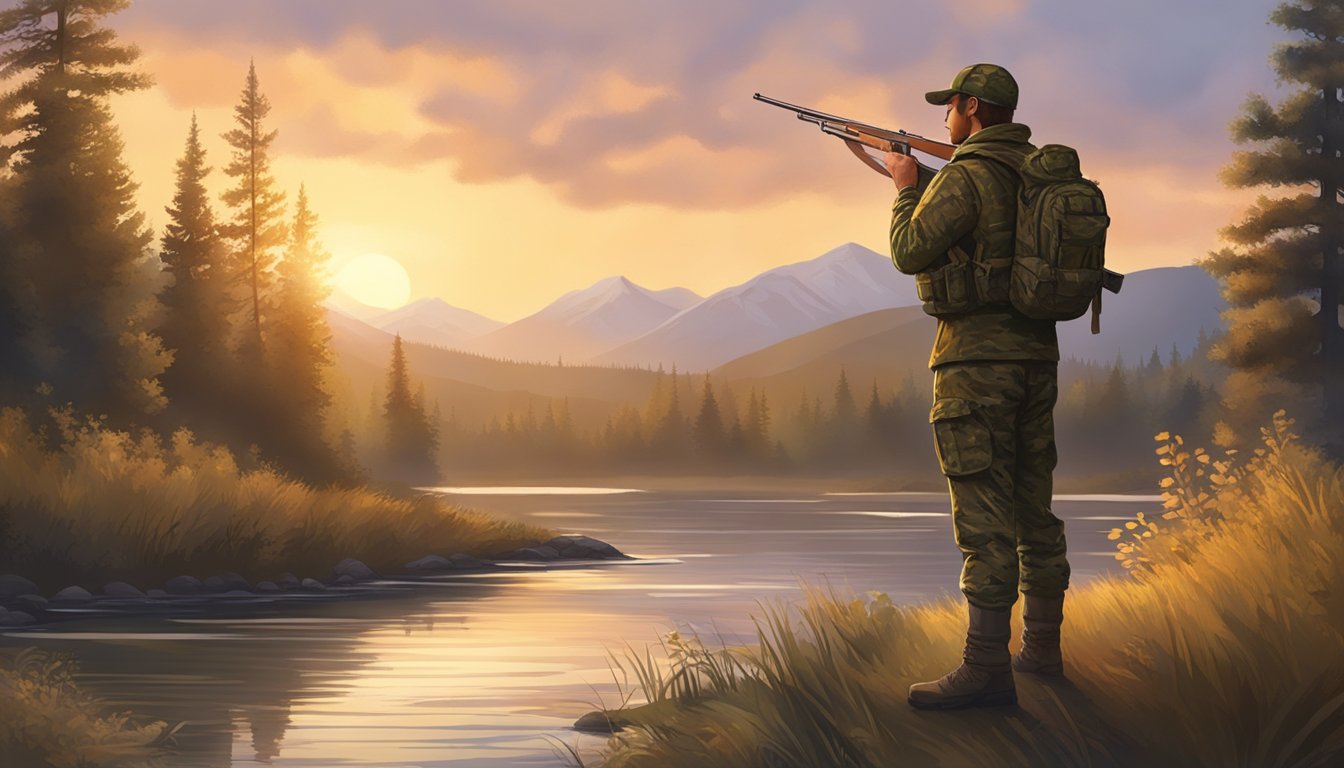 A hunter in camouflage gear stands by a tranquil river, surrounded by dense forest and mountains in the distance. The setting sun casts a warm glow over the scene