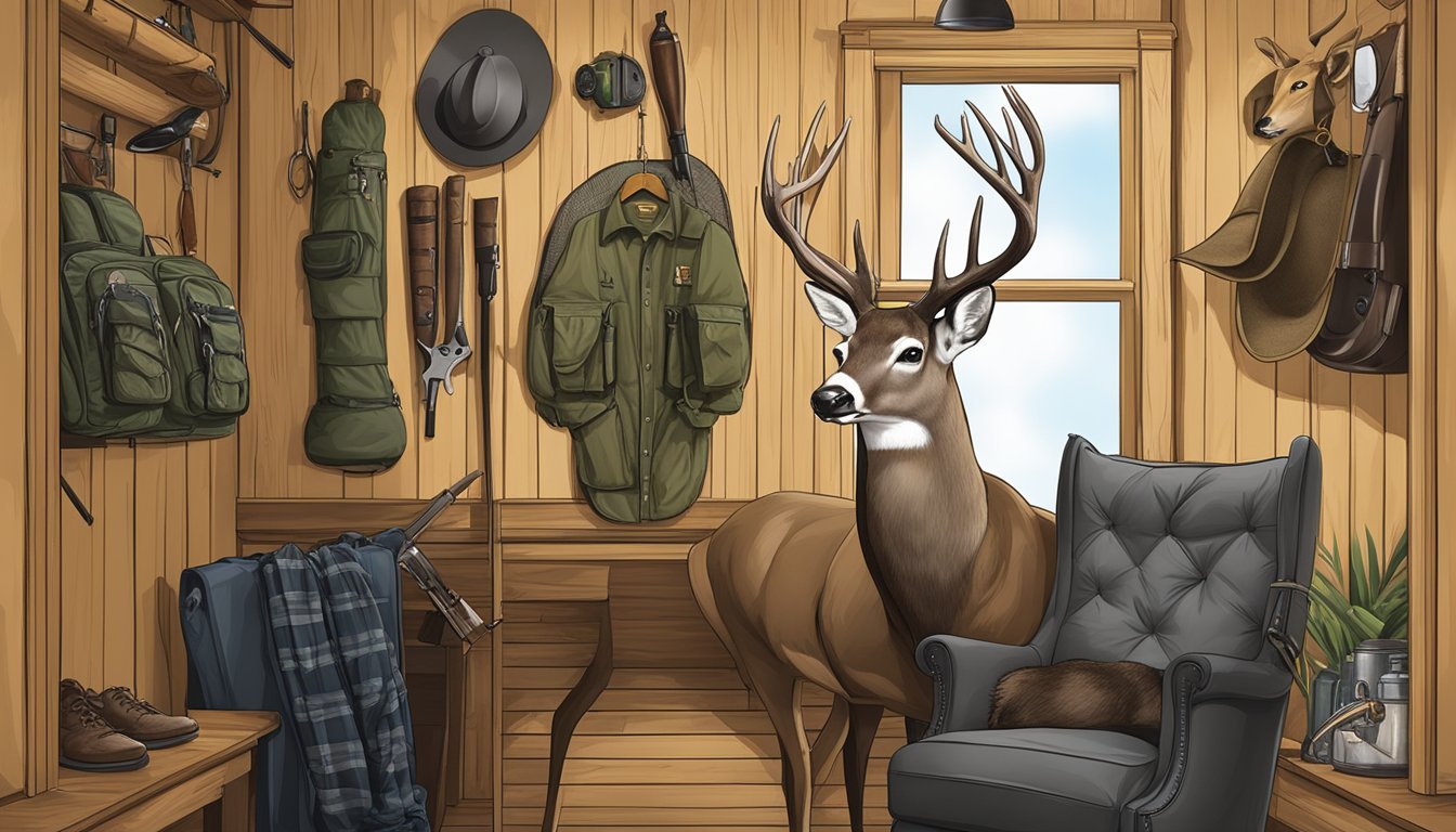 A Florida wildlife regulation poster displayed in a hunting lodge, surrounded by hunting gear and a taxidermy deer head