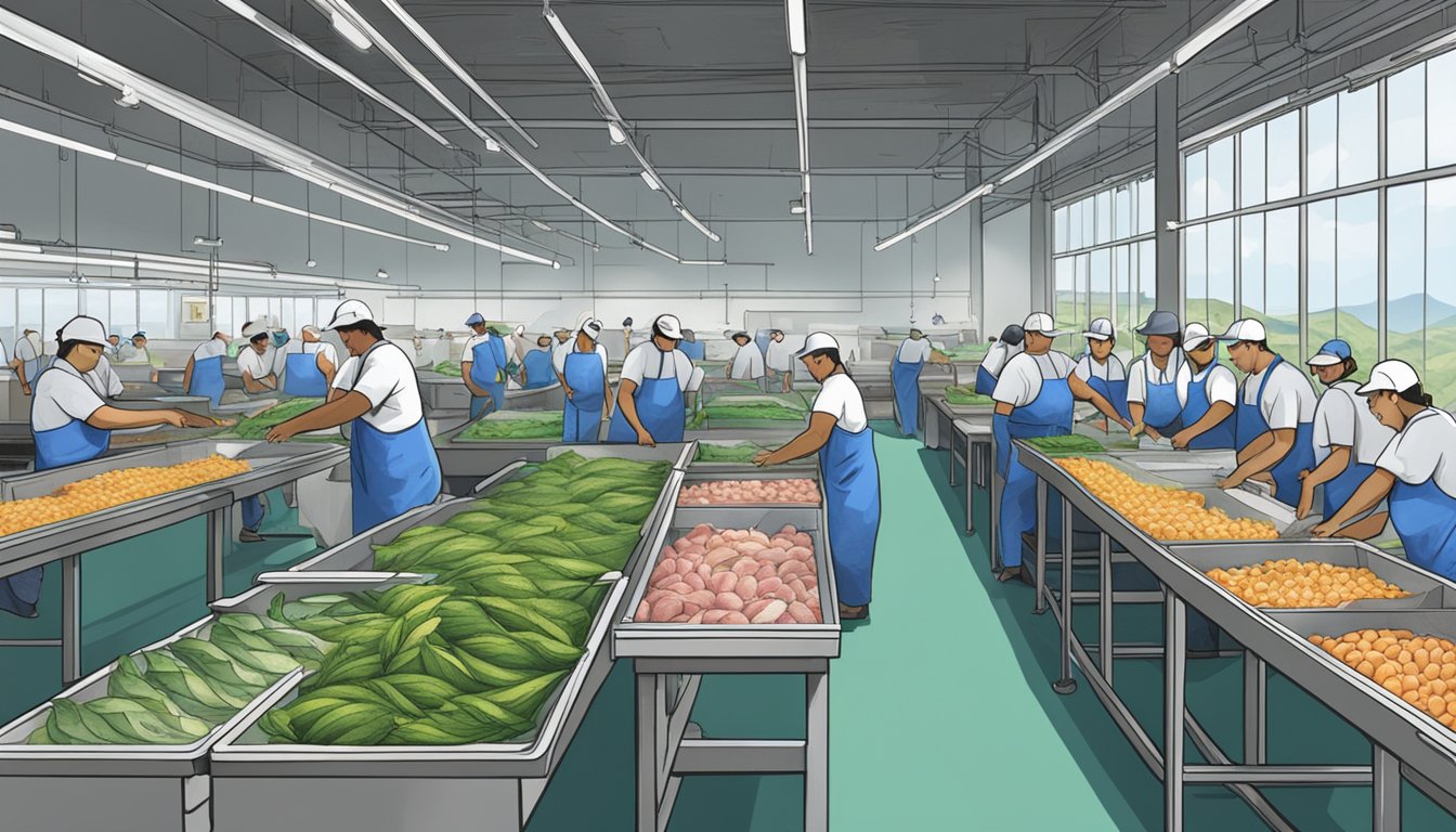 A bustling fish packing facility in Hawaii, with workers processing and packaging fresh catch from the ocean