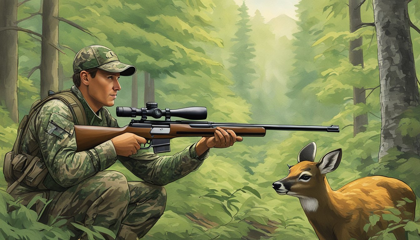 A hunter in camouflage gear aims a rifle at a deer in a lush Vermont forest, guided by Lamoille Valley Outfitters