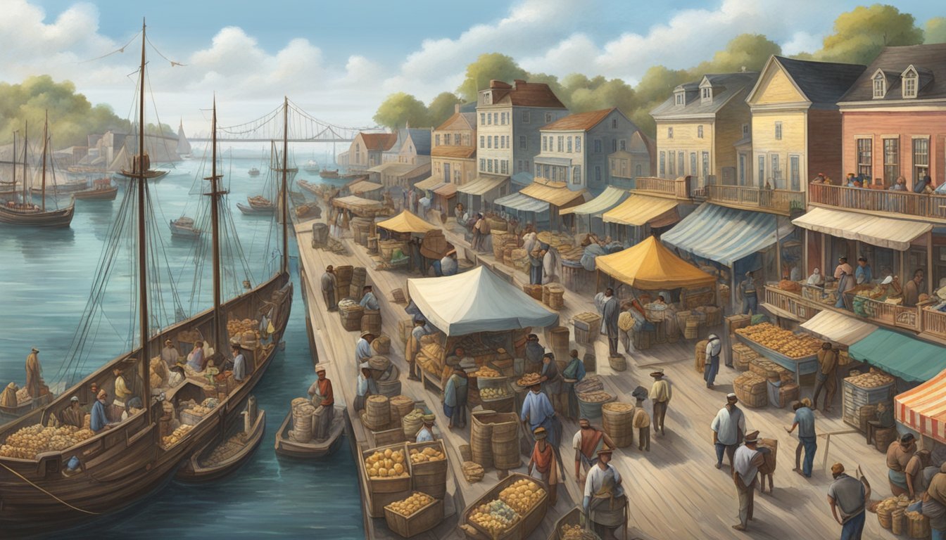 A bustling port town on the Louisiana coast, with ships unloading goods and people trading at a bustling market