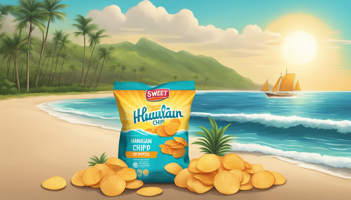 A tropical beach with palm trees and waves crashing in the background, with a bag of Hawaiian Chip Company Sweet Potato Chips prominently displayed in the foreground