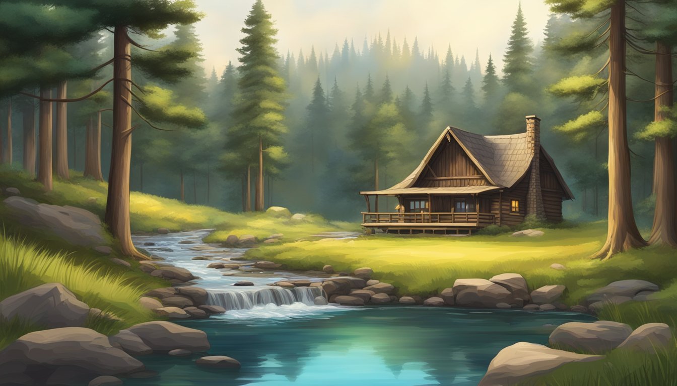 A serene forest clearing with a rustic hunting lodge nestled among tall pine trees, surrounded by lush greenery and a bubbling stream