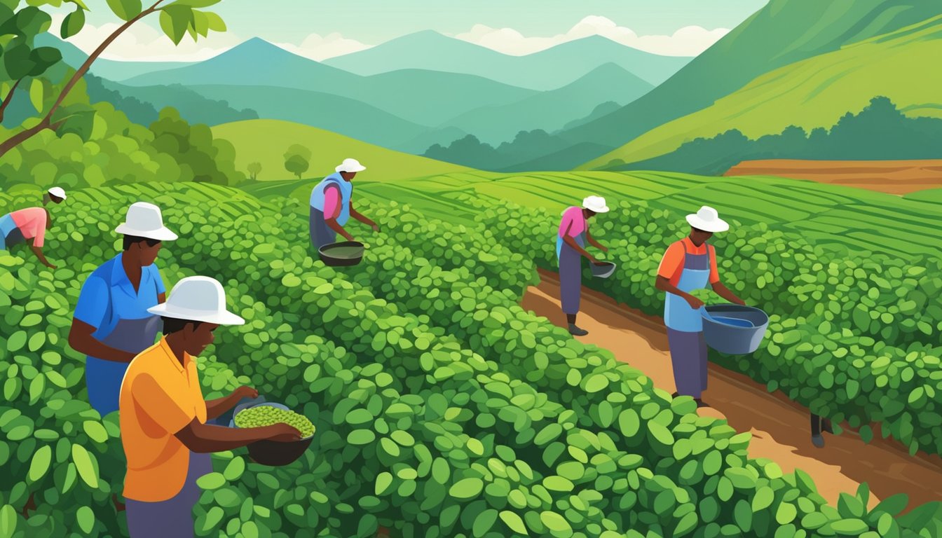 Lush green coffee fields with a backdrop of volcanic mountains. Workers sorting and processing coffee beans in a cooperative facility