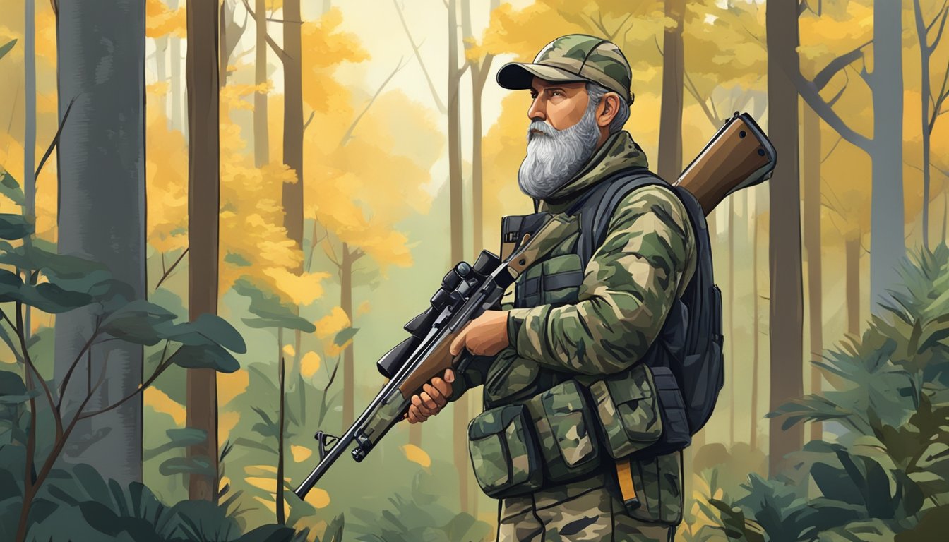 A hunter in camouflage gear stands in a forest clearing, surrounded by trees and wildlife, holding a rifle and gazing into the distance