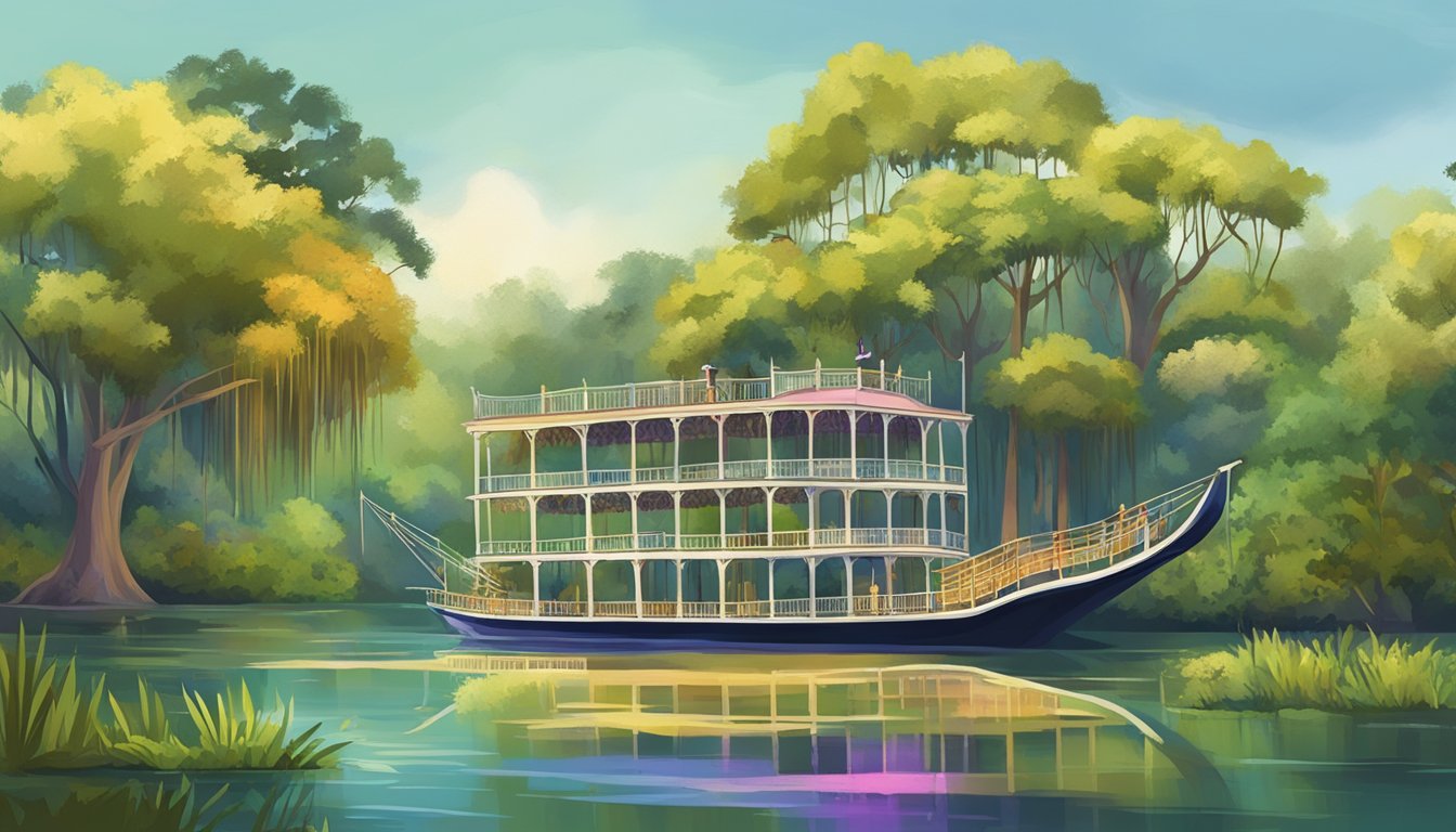 A colorful bayou with Spanish moss-draped trees and a paddlewheel boat