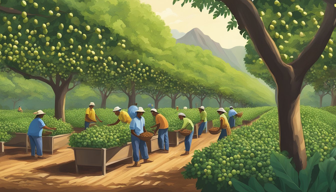 A lush Hawaiian macadamia nut orchard with workers processing the nuts at MacFarms