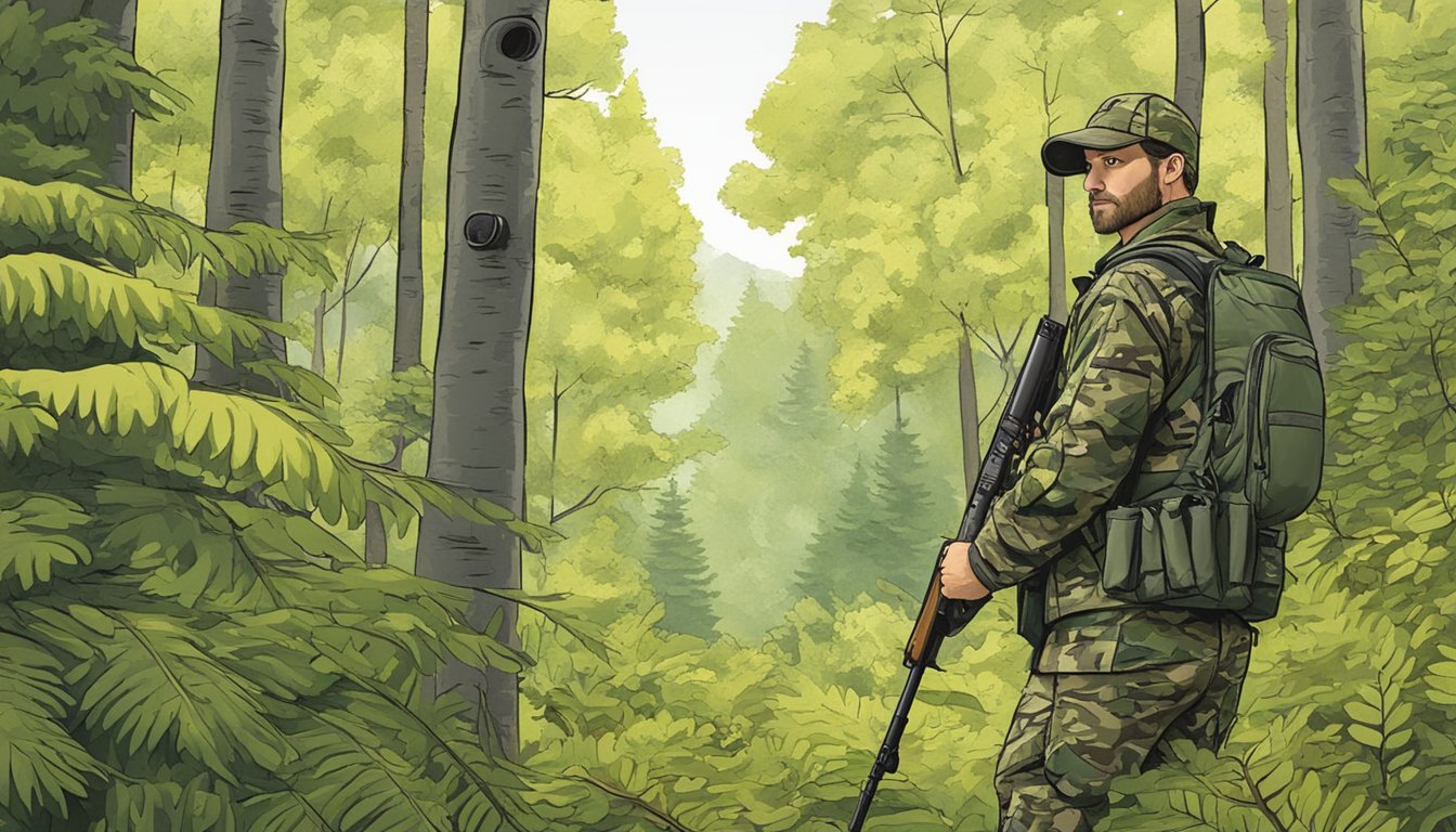 A hunter in camouflage gear stands in a lush Vermont forest, holding a rifle and surveying the landscape for potential prey