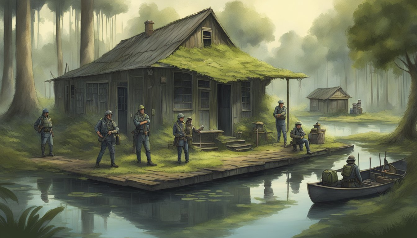 A group of agents strategize in a bayou, surrounded by moss-draped trees and a dilapidated shack