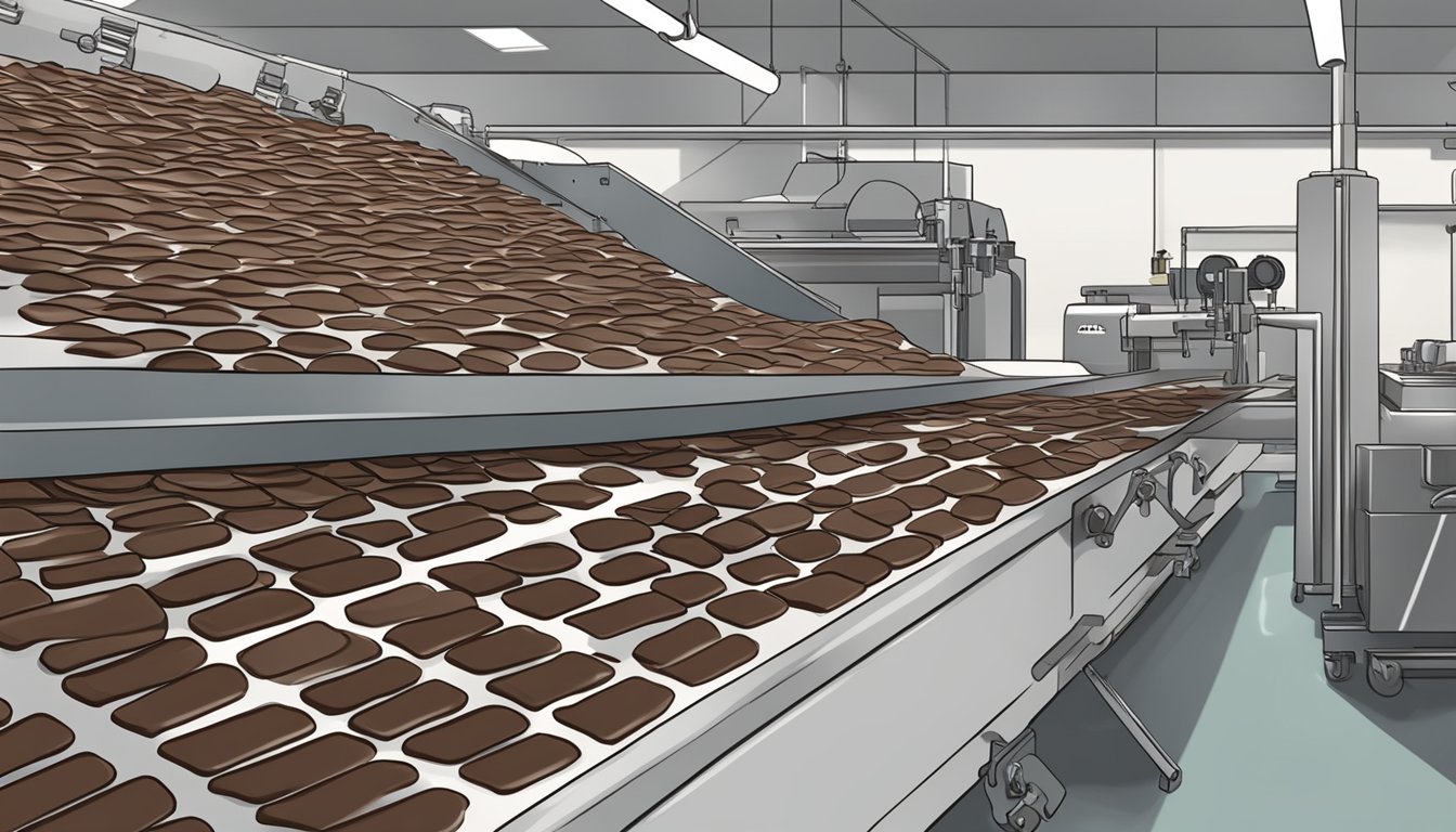 A pile of Hawaiian Host Chocolate Covered Macadamias being processed in a factory in Hawaii