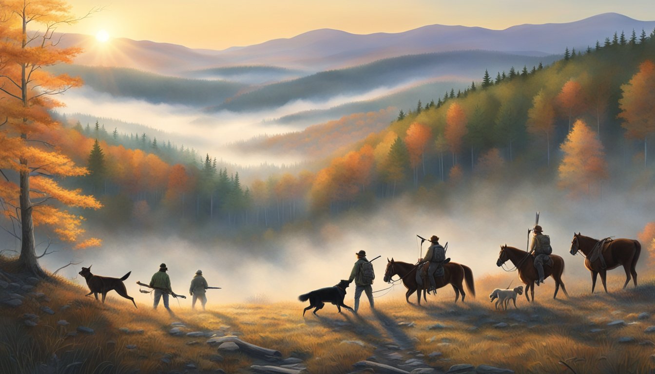 A misty morning in the Vermont woods, with the sun rising over the mountains and a group of hunters setting out with their dogs and gear