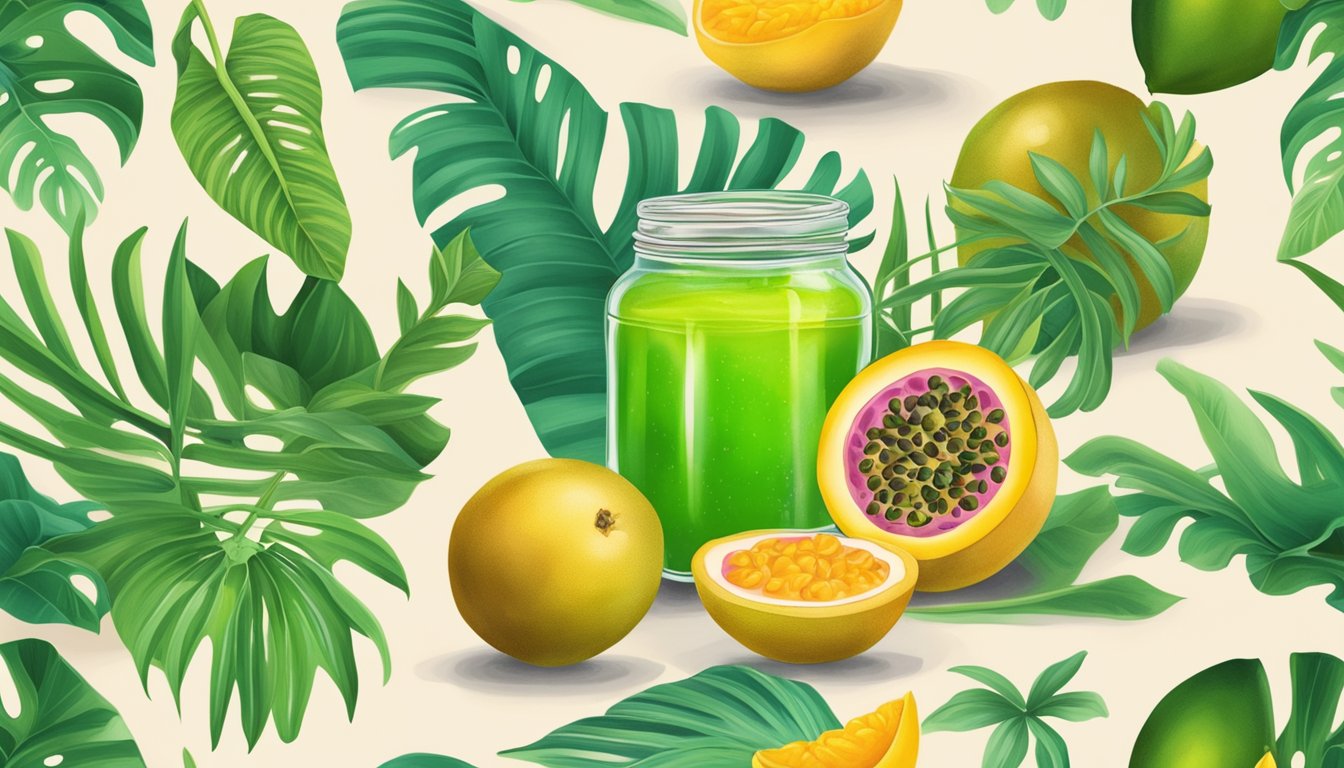 A tropical scene with a jar of Hawaiian Sun Lilikoi Jelly surrounded by vibrant passion fruit and lush green foliage