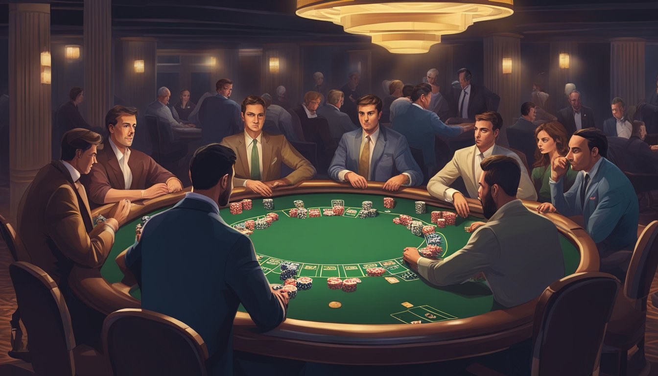 A group of people playing a high-stakes game of poker in a dimly lit Louisiana casino