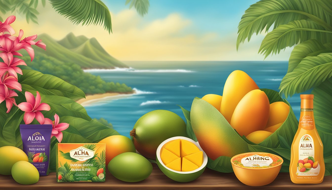 A tropical Hawaiian scene with a ripe mango surrounded by the vibrant packaging of Aloha Gourmet Products Li Hing Mango