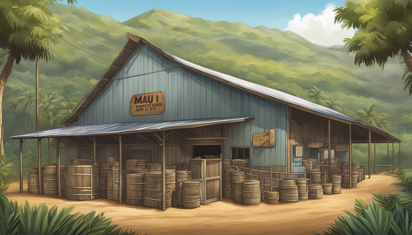 A rustic Hawaiian game processing facility with a sign for Maui Beef Jerky Company