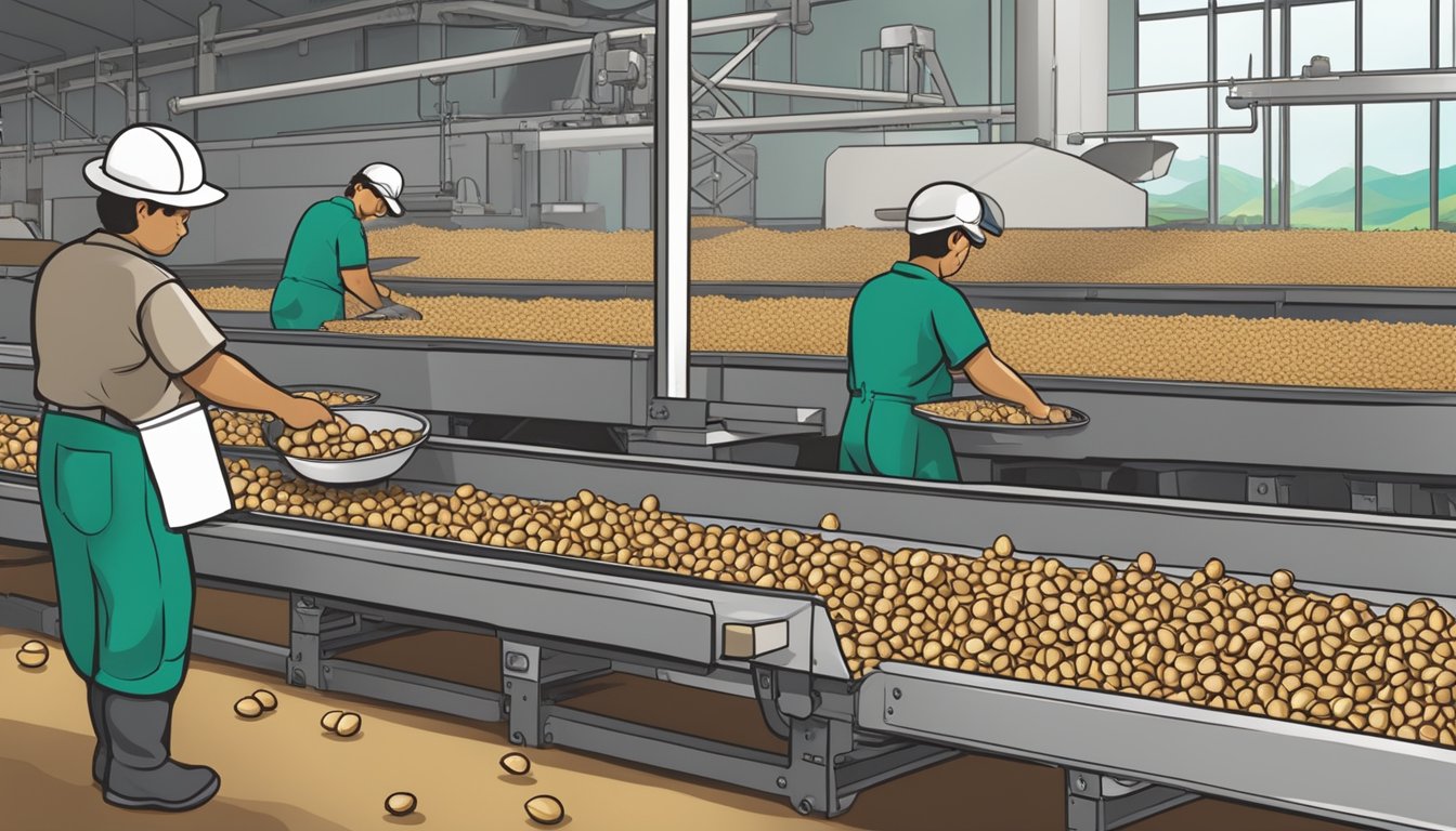 A bustling macadamia nut processing plant in Hawaii, with workers sorting and packaging nuts while machinery hums in the background