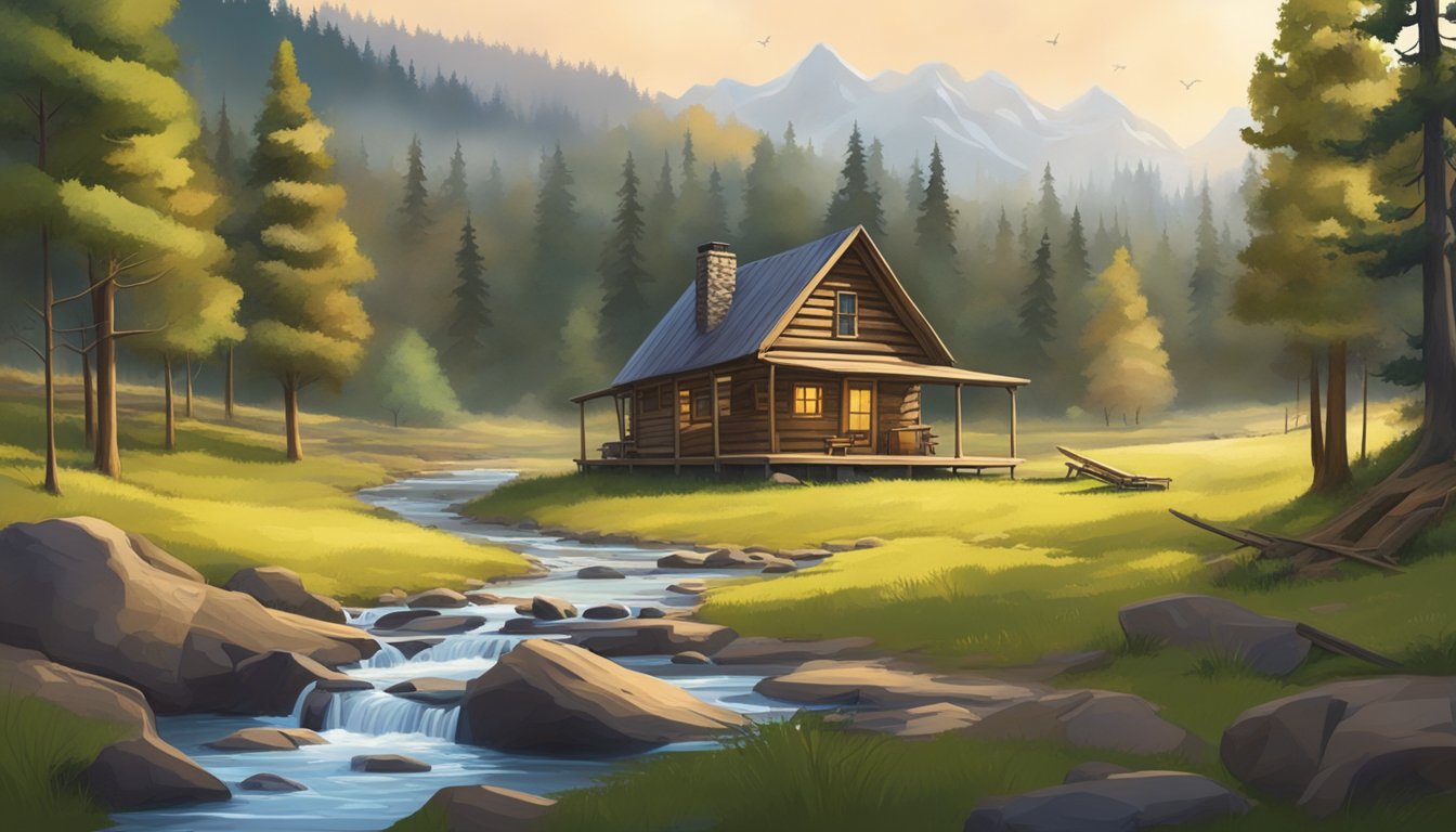 A serene forest clearing with a rustic cabin, hunting gear, and a stream running through the picturesque landscape