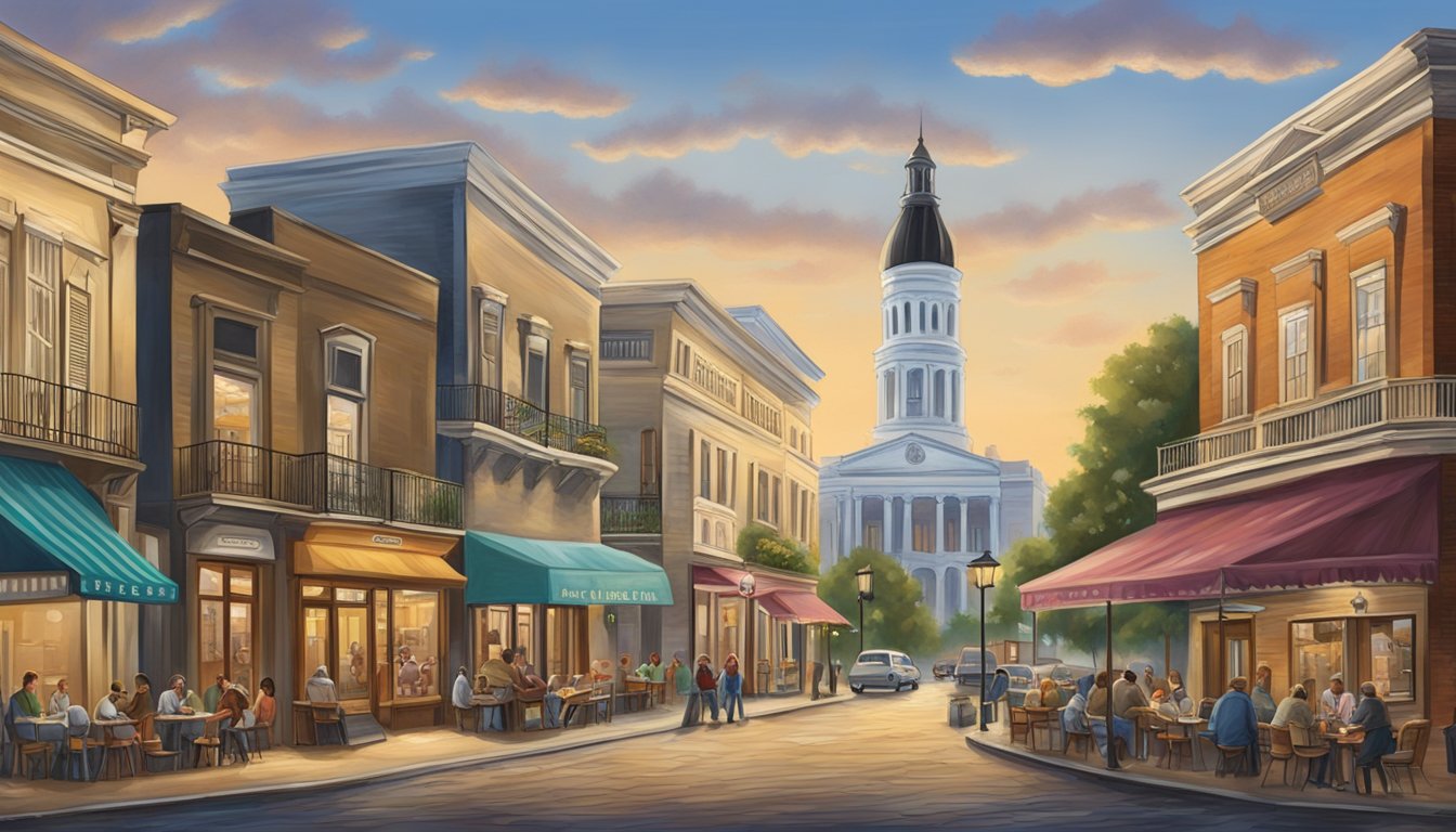 The bustling streets of Louisiana, with its iconic architecture and lively atmosphere, serve as the backdrop for a game of Dominion being played at a local cafe