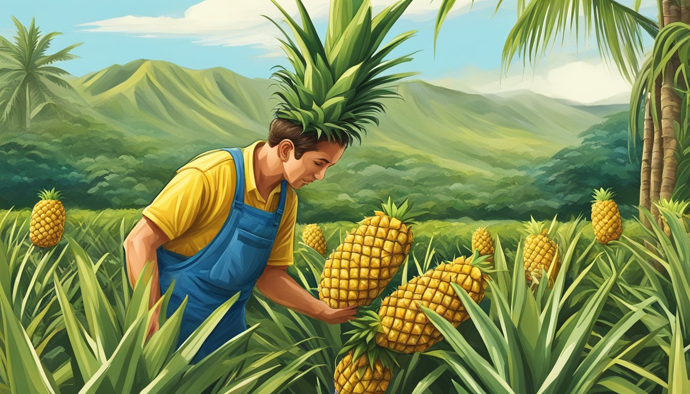 A ripe Maui Gold Pineapple being harvested in a lush Hawaiian field