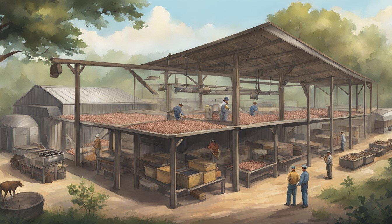 A rustic, outdoor game processing facility in Louisiana with hanging game, equipment, and workers processing meat