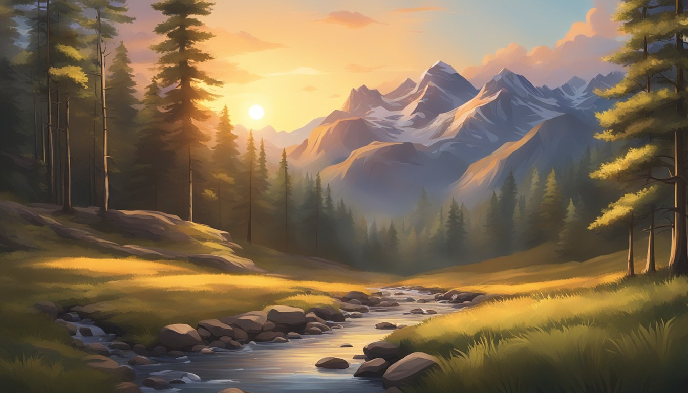 A serene forest clearing, surrounded by rugged mountains, with a stream running through the middle. The sun is setting, casting a warm glow over the scene