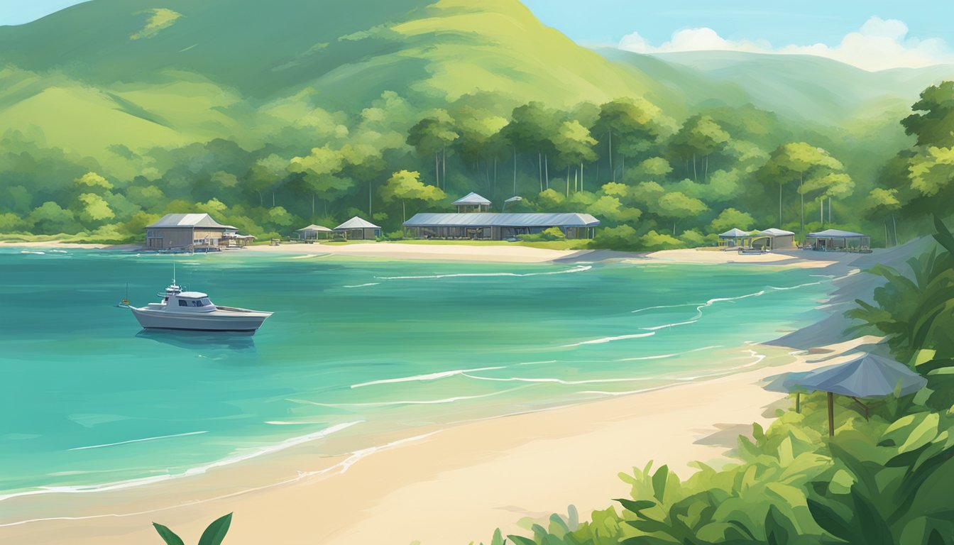 A serene beach with a backdrop of lush green mountains, a clear blue sky, and a gentle breeze, with a small game processing facility nestled among the trees