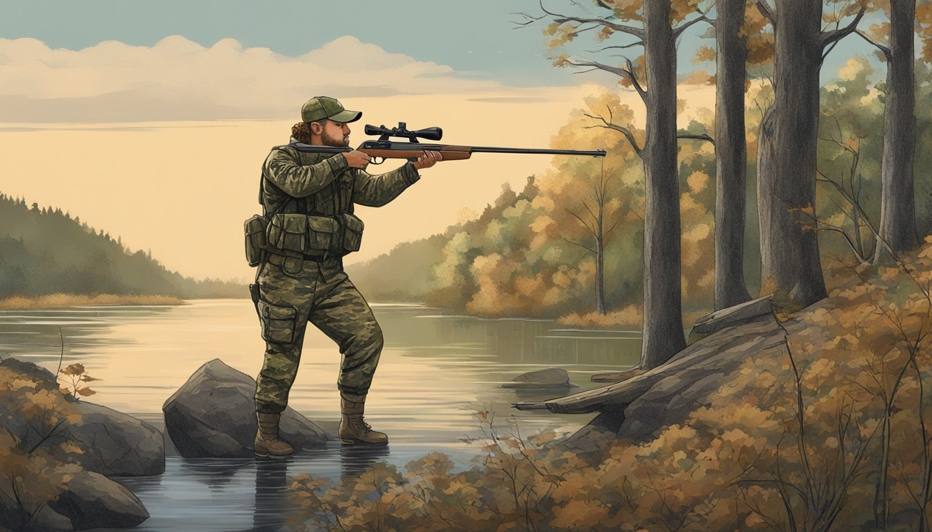 A hunter in camouflage gear stands in a wooded area, aiming a rifle at a deer in the distance near a river in West Virginia