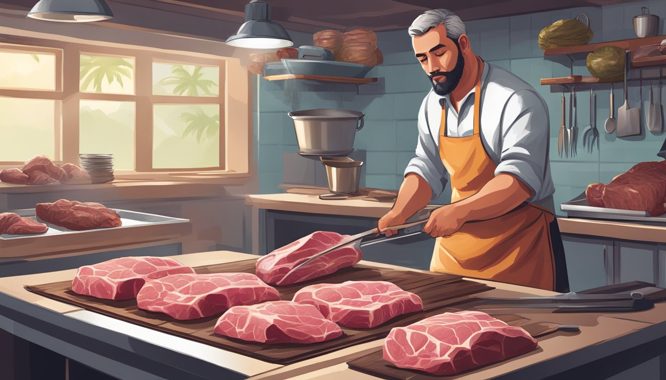 A butcher expertly processes game meat in a Hawaiian kitchen, using traditional techniques and specialized equipment