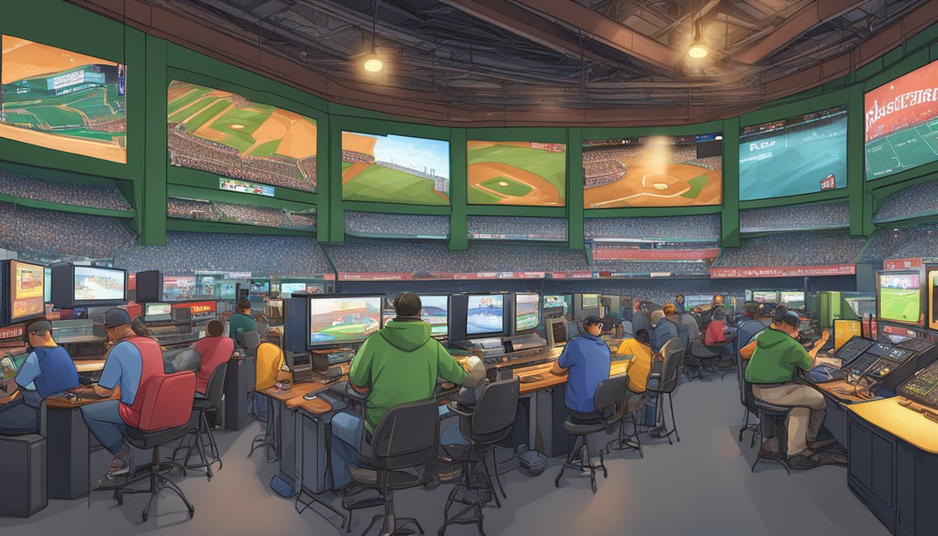 A bustling gaming zone inside Fenway Park, Massachusetts, with colorful lights and high-tech game processing equipment