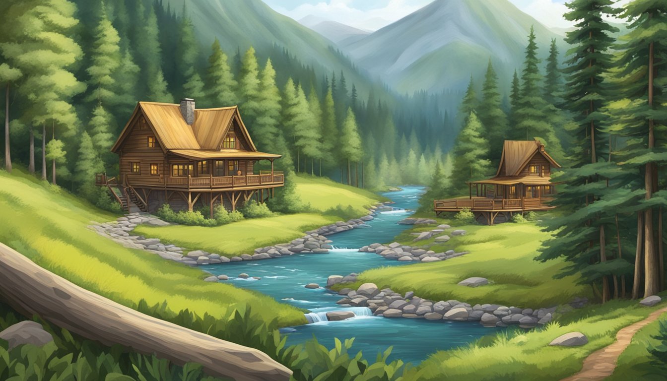 Lush forested mountains with winding rivers, and a cozy hunting lodge nestled among the trees