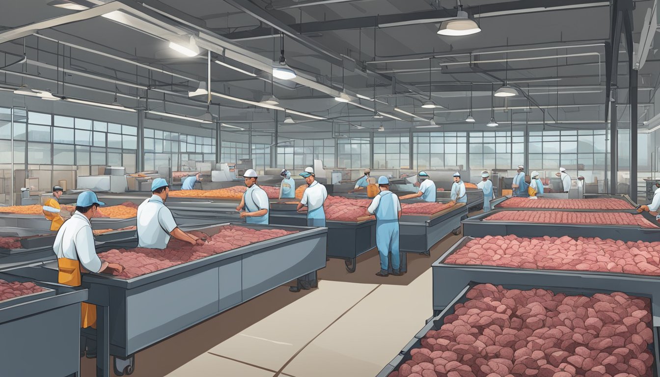 A bustling game processing depot in Illinois, with workers processing and packaging game meat