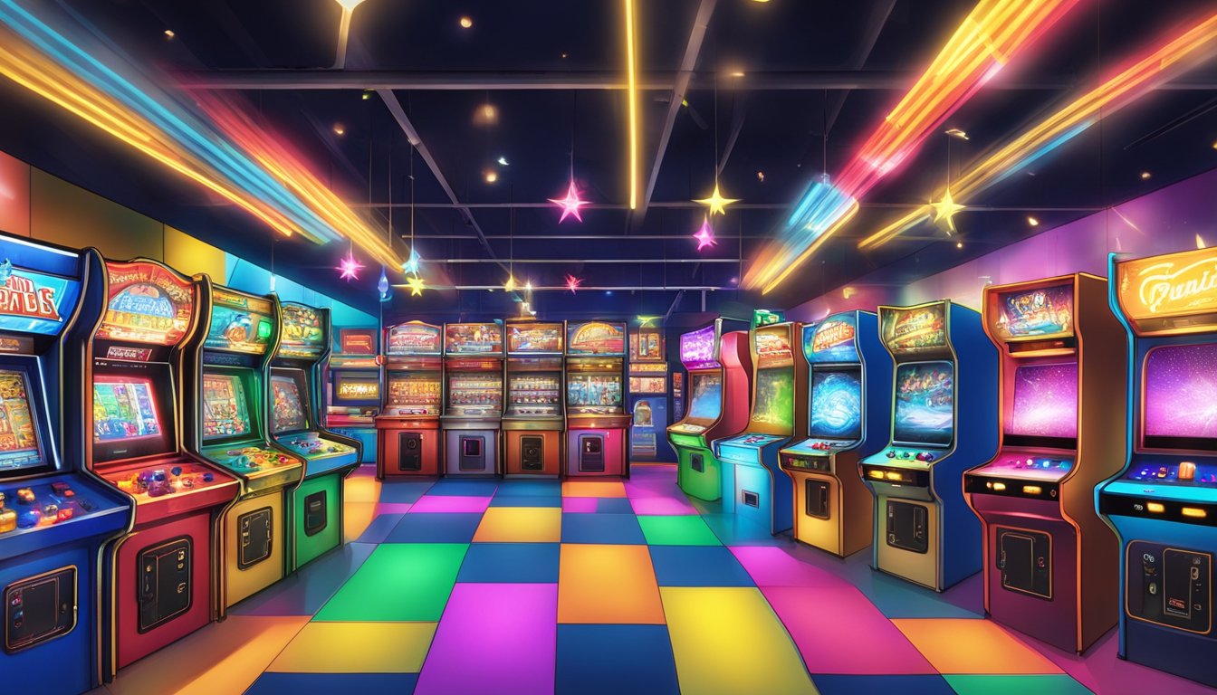 Brightly lit arcade with colorful games and flashing lights at Patriot Place in Massachusetts