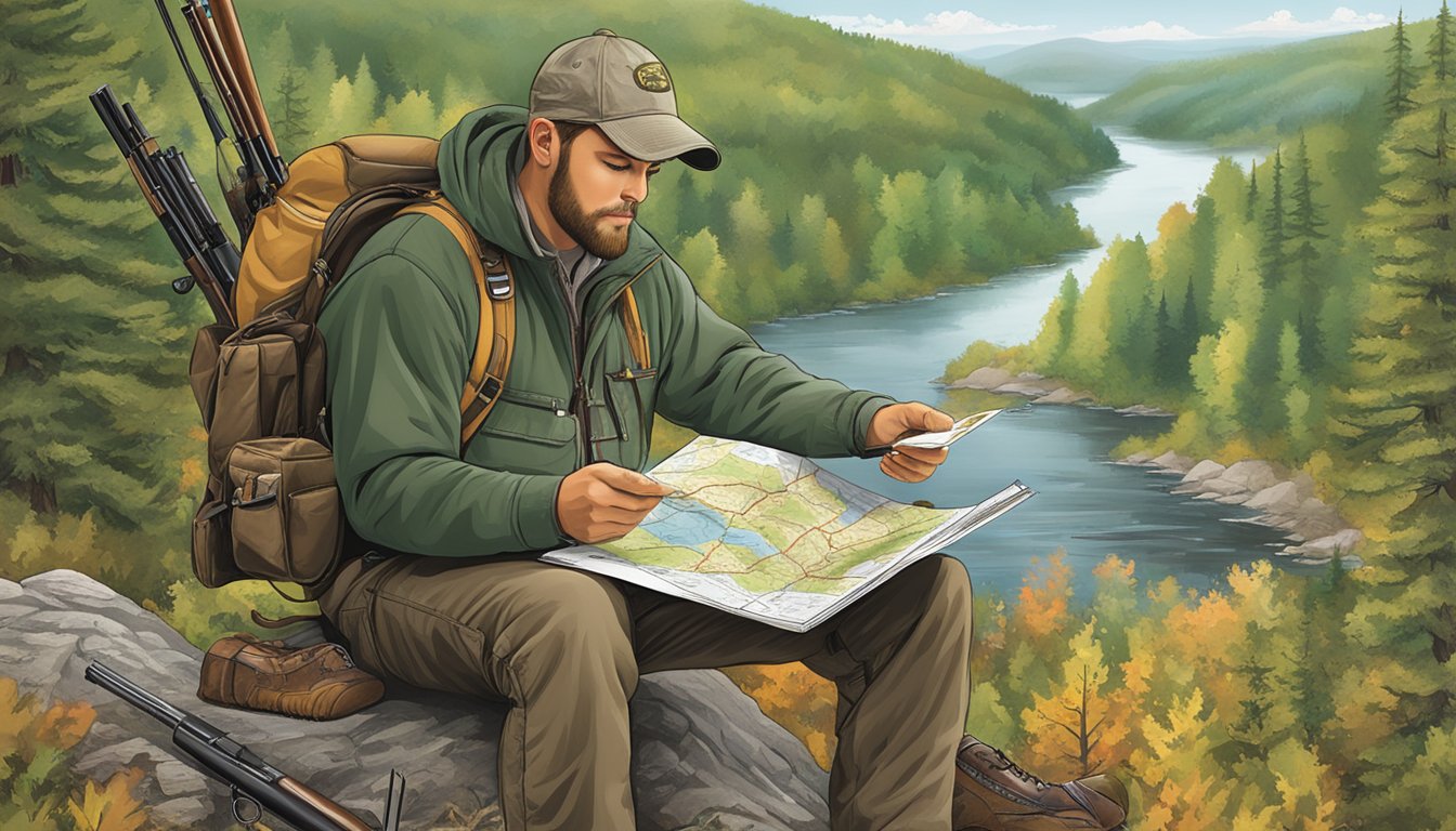 A hunter in West Virginia reading a detailed map of hunting regulations, surrounded by hunting gear and outfitter brochures