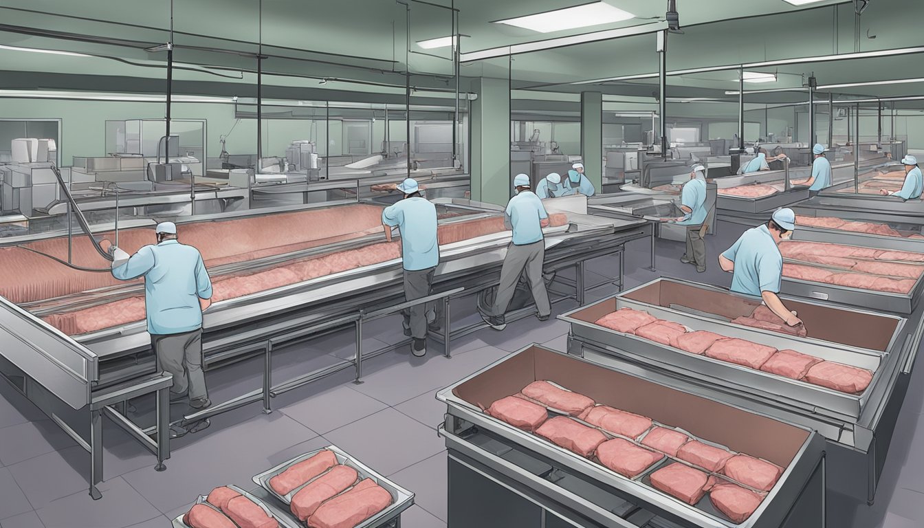 A bustling game processing facility in Lincoln Park, Illinois, with workers efficiently processing and packaging game meat